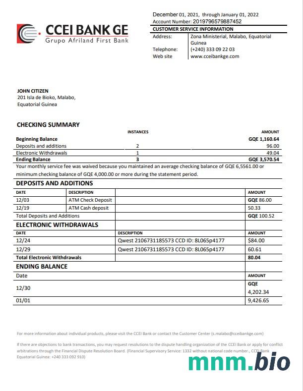 Wyciąg bankowy z Gwinei Równikowej Ccei Excel i szablon PDF